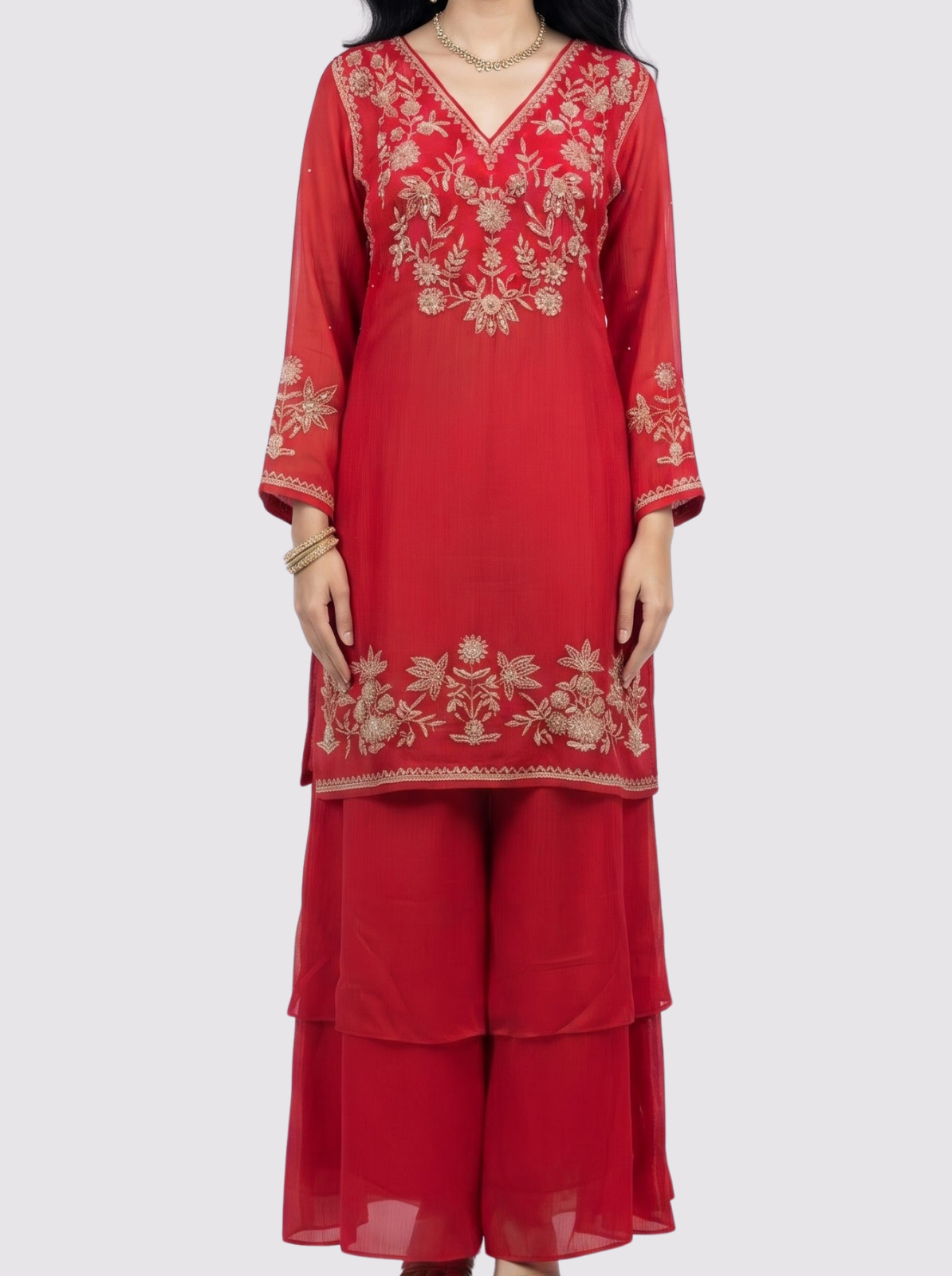 Red Chinon Palazzo Suit Set with Cutdana and Sequins Embroidery 2