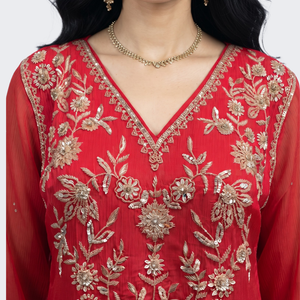 Red Chinon Palazzo Suit Set with Cutdana and Sequins Embroidery 3