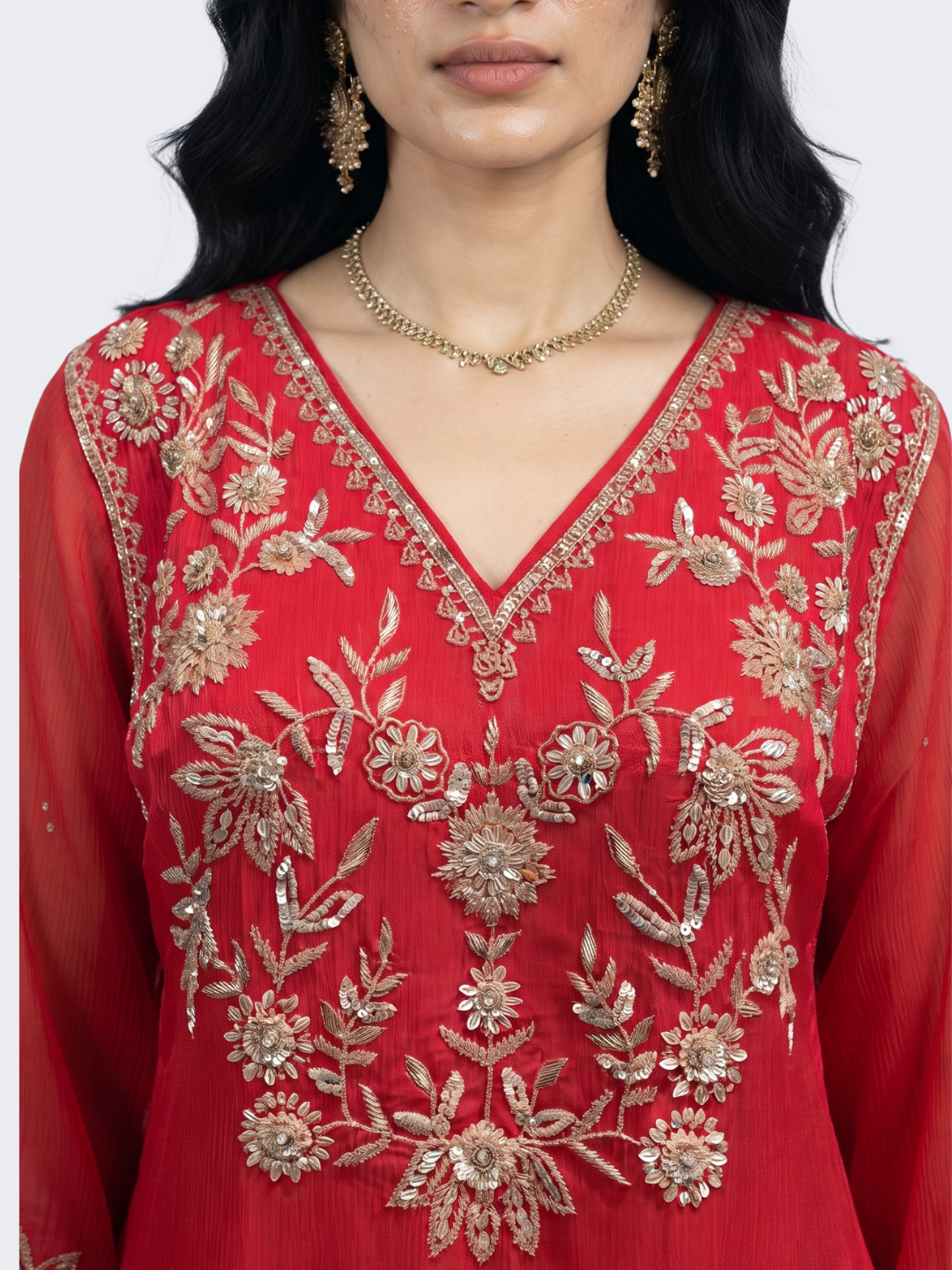 Red Chinon Palazzo Suit Set with Cutdana and Sequins Embroidery 3