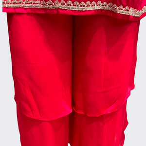 Red Chinon Palazzo Suit Set with Cutdana and Sequins Embroidery 5