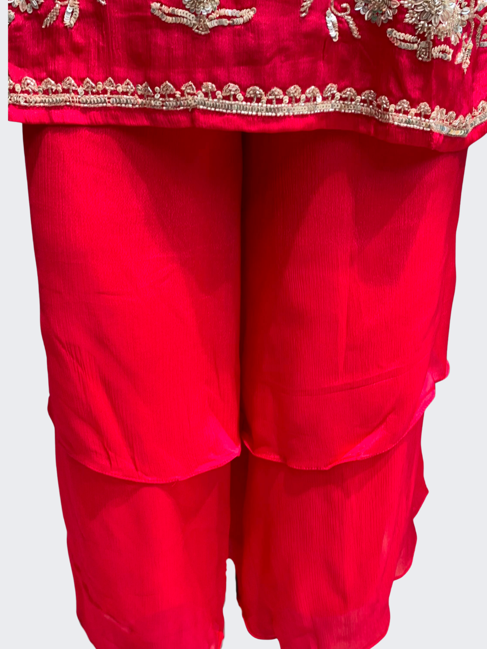 Red Chinon Palazzo Suit Set with Cutdana and Sequins Embroidery 5