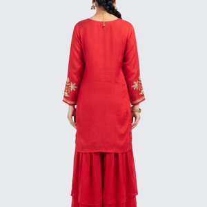 Red Chinon Palazzo Suit Set with Cutdana and Sequins Embroidery 6