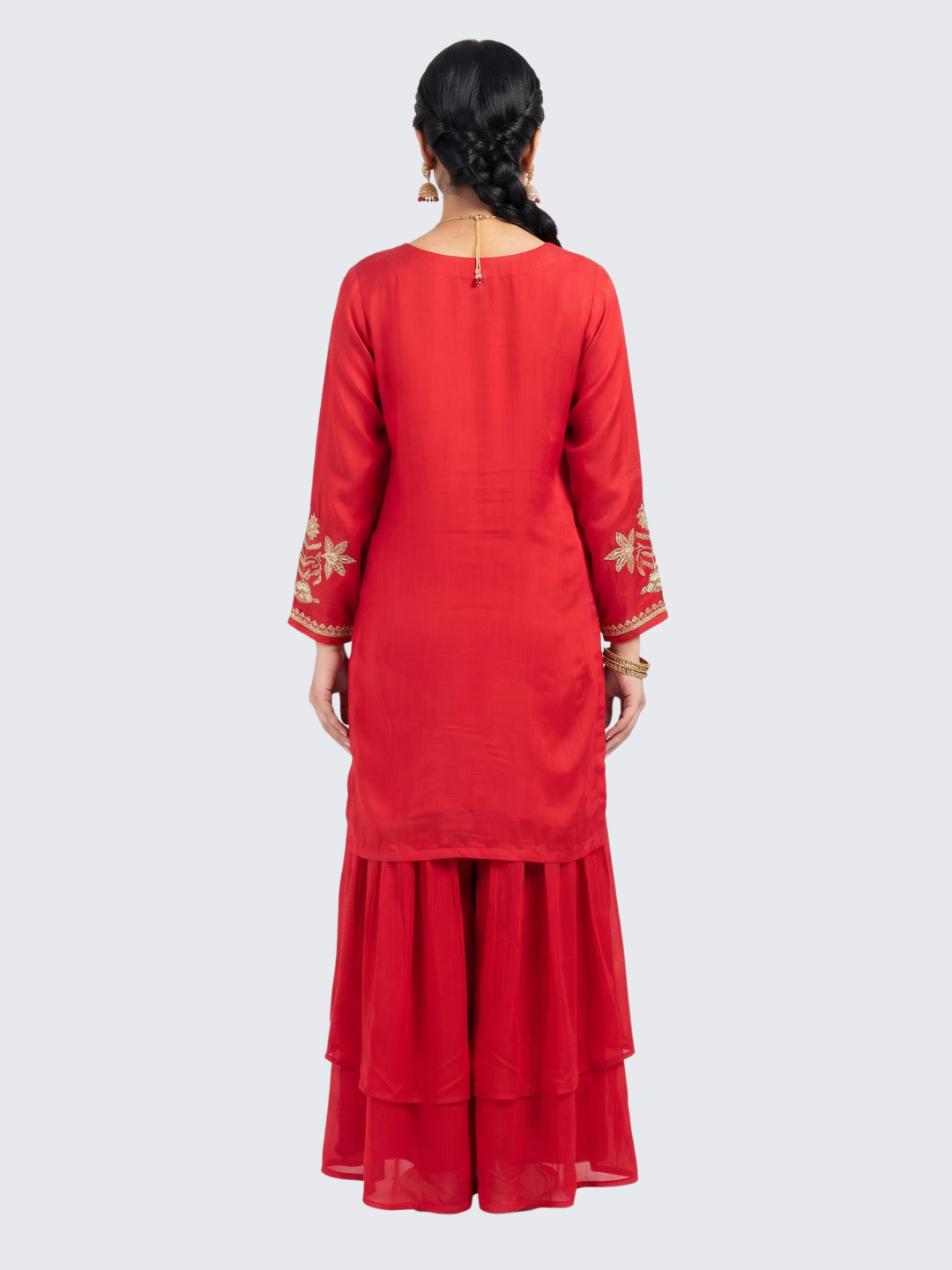Red Chinon Palazzo Suit Set with Cutdana and Sequins Embroidery 6