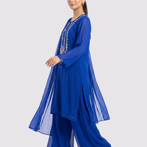 Blue Chinon Shirt, Palazzo And Dupatta with Sequins and Dabka Embroidery 1