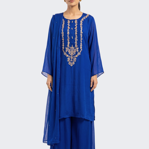 Blue Chinon Shirt, Palazzo And Dupatta with Sequins and Dabka Embroidery 3