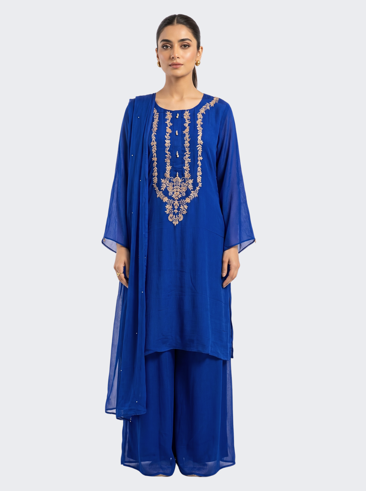 Blue Chinon Shirt, Palazzo And Dupatta with Sequins and Dabka Embroidery 3