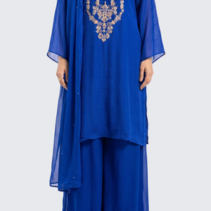 Blue Chinon Shirt, Palazzo And Dupatta with Sequins and Dabka Embroidery 4