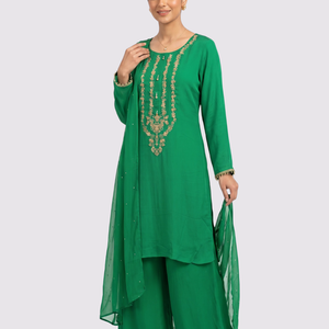 Rama Green Chinon Shirt, Palazzo And Dupatta with Sequins and Dabka Embroidery 1