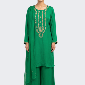 Rama Green Chinon Shirt, Palazzo And Dupatta with Sequins and Dabka Embroidery 2