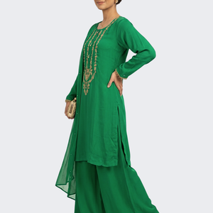 Rama Green Chinon Shirt, Palazzo And Dupatta with Sequins and Dabka Embroidery 3