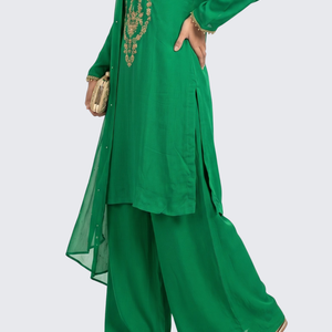 Rama Green Chinon Shirt, Palazzo And Dupatta with Sequins and Dabka Embroidery 4