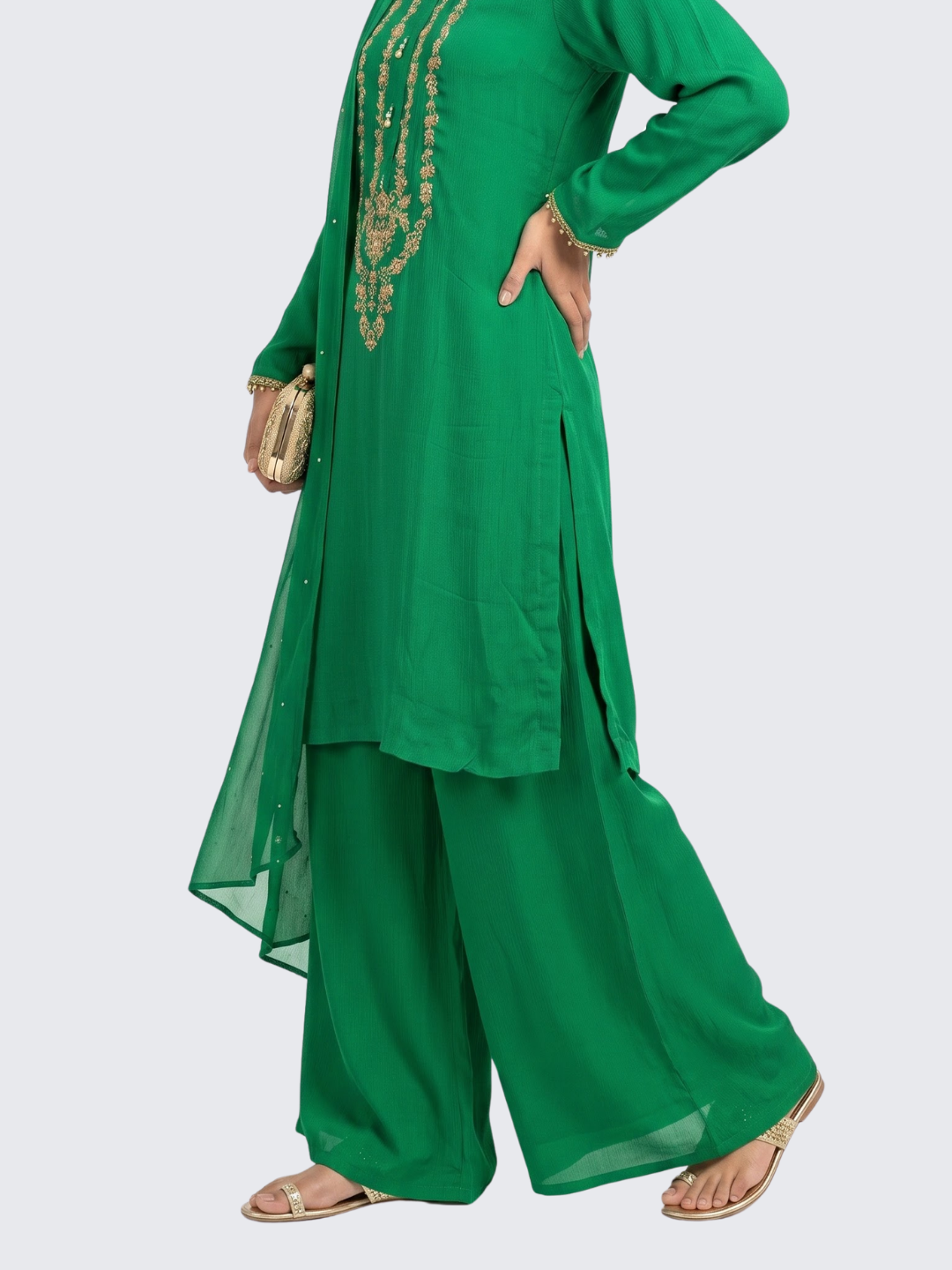 Rama Green Chinon Shirt, Palazzo And Dupatta with Sequins and Dabka Embroidery 4