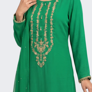 Rama Green Chinon Shirt, Palazzo And Dupatta with Sequins and Dabka Embroidery 5