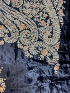 Black Velvet Unstitched Suit with Zari and thread Embroidery