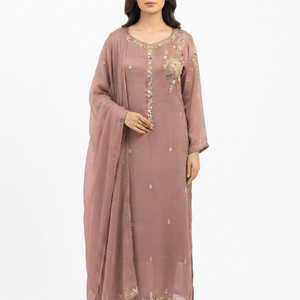Dpeach Chinon Suit with Cutdana, Sequins, Pearl and Dabka Embroidery 1
