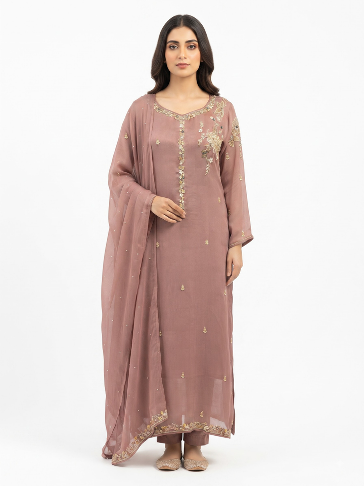 Dpeach Chinon Suit with Cutdana, Sequins, Pearl and Dabka Embroidery 1