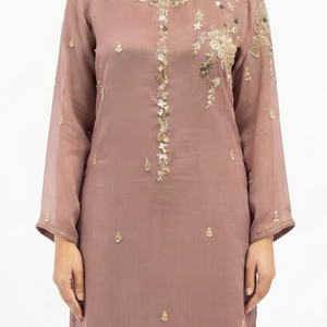 Dpeach Chinon Suit with Cutdana, Sequins, Pearl and Dabka Embroidery 2