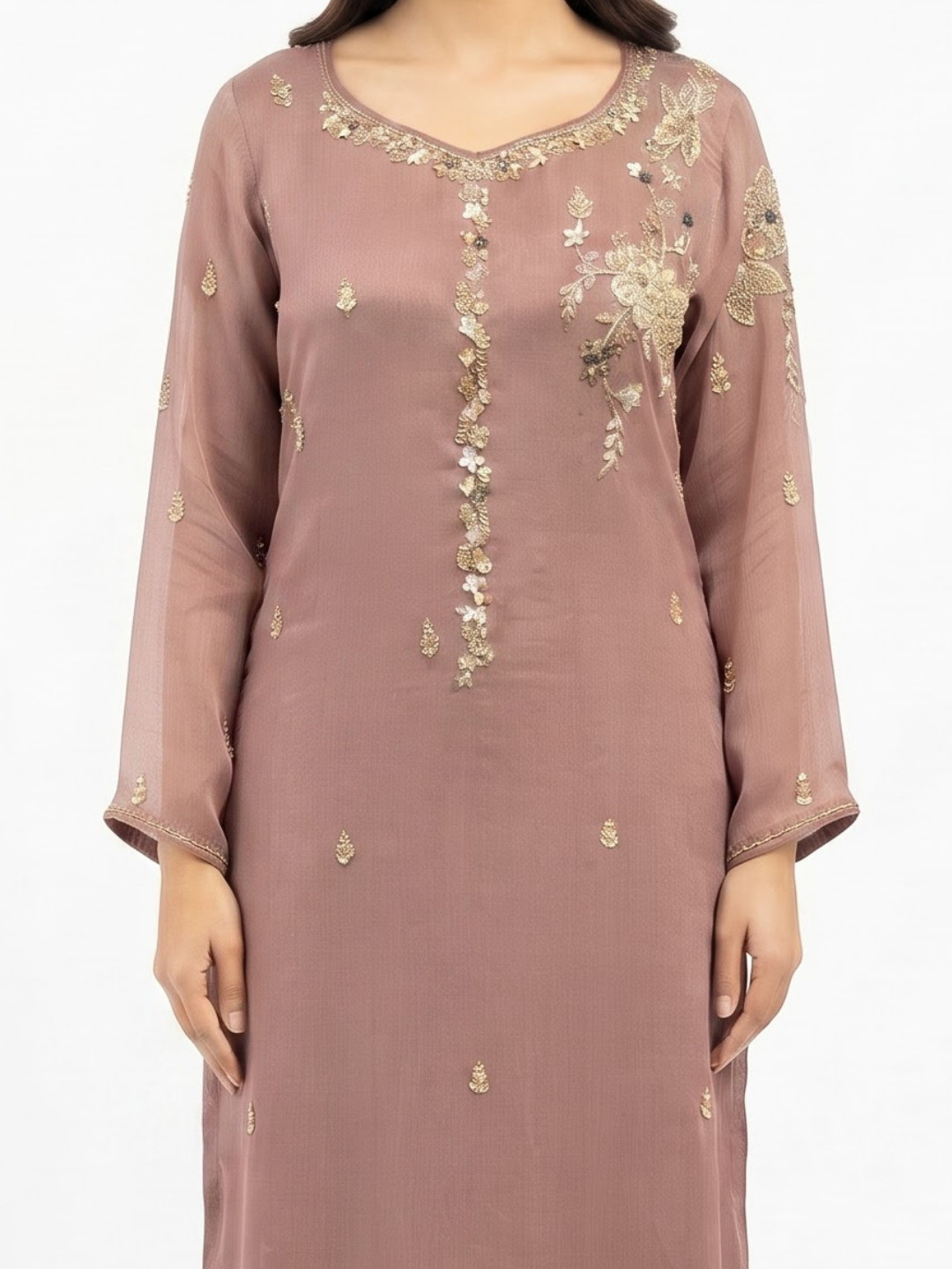Dpeach Chinon Suit with Cutdana, Sequins, Pearl and Dabka Embroidery 2