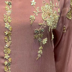 Dpeach Chinon Suit with Cutdana, Sequins, Pearl and Dabka Embroidery 3