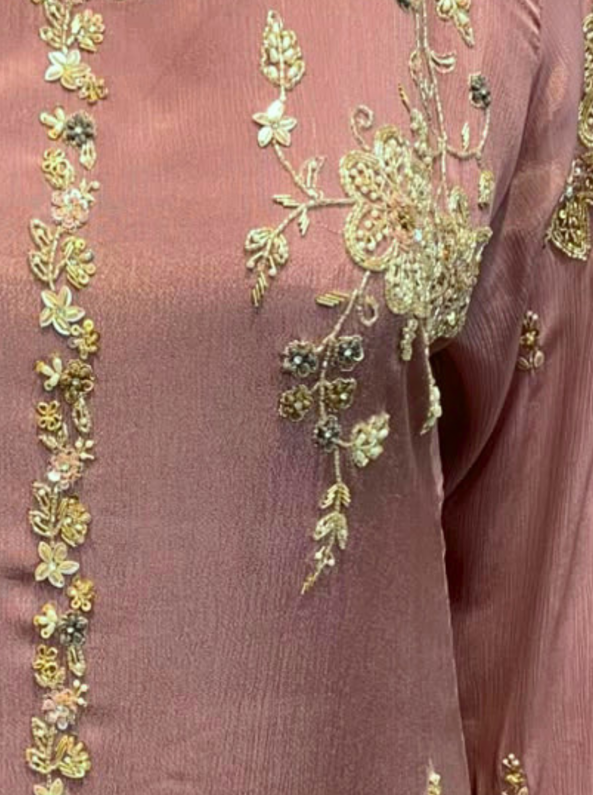 Dpeach Chinon Suit with Cutdana, Sequins, Pearl and Dabka Embroidery 3