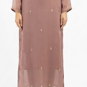 Dpeach Chinon Suit with Cutdana, Sequins, Pearl and Dabka Embroidery 4