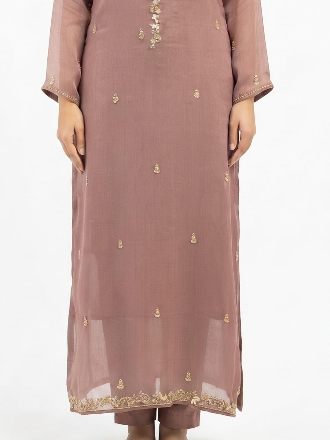 Dpeach Chinon Suit with Cutdana, Sequins, Pearl and Dabka Embroidery 4