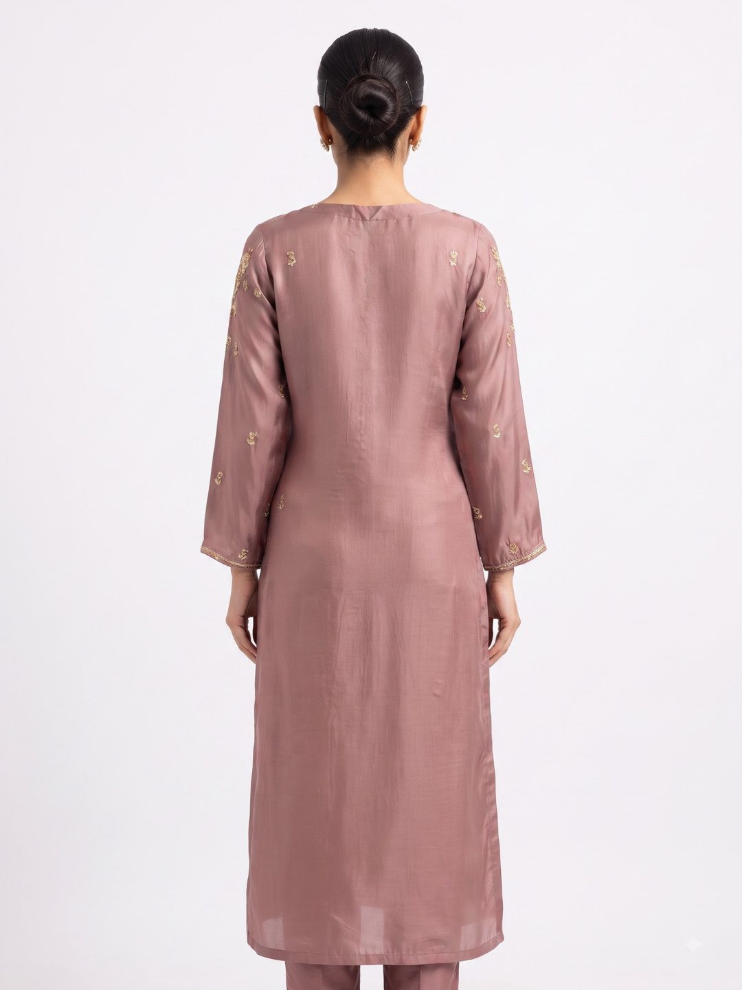 Dpeach Chinon Suit with Cutdana, Sequins, Pearl and Dabka Embroidery 5