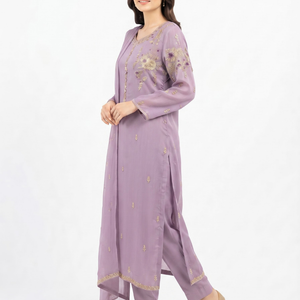 Mauve Chinon Suit with Cutdana, Sequins, Pearl and Dabka Embroidery 1