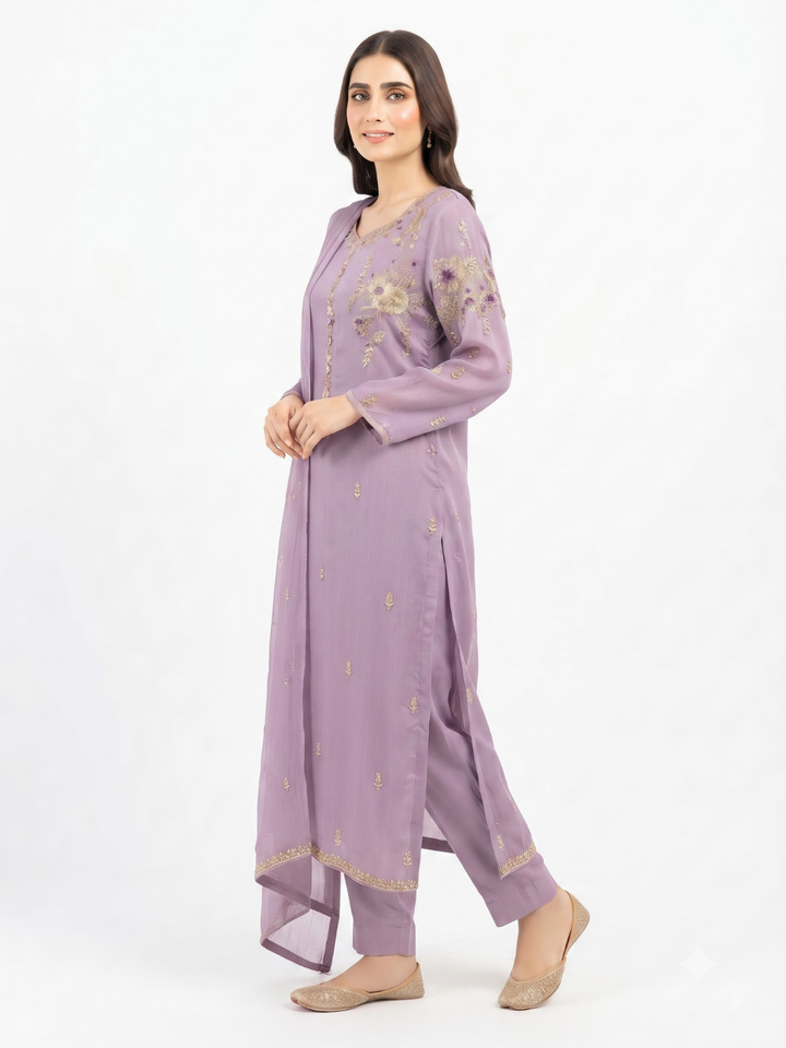 Mauve Chinon Suit with Cutdana, Sequins, Pearl and Dabka Embroidery 1
