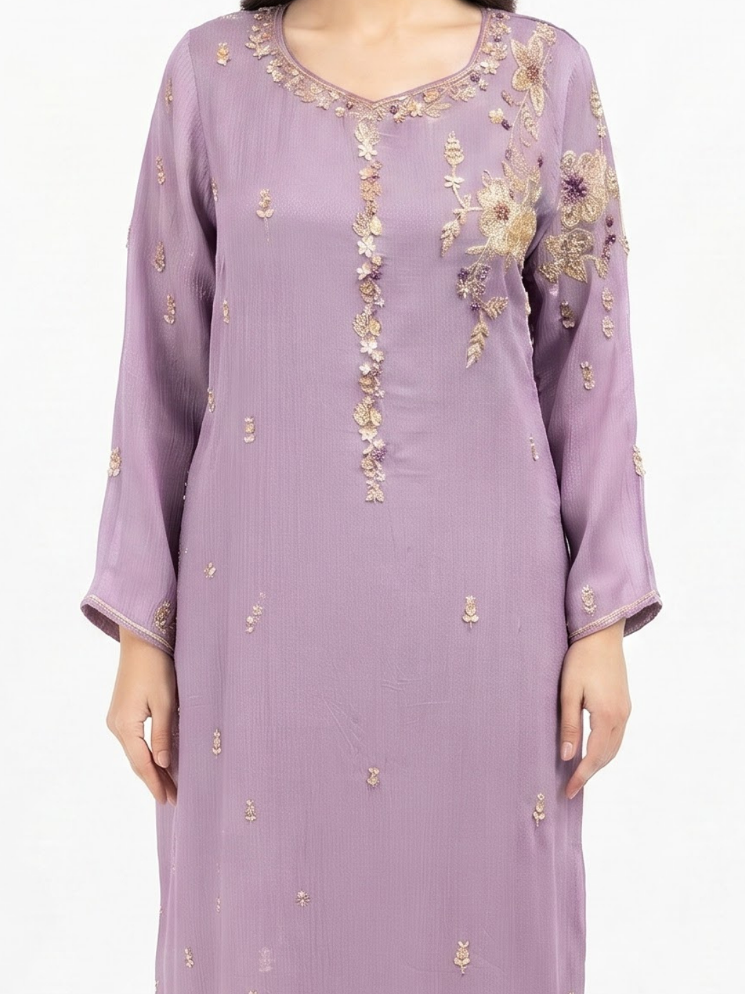 Mauve Chinon Suit with Cutdana, Sequins, Pearl and Dabka Embroidery 2