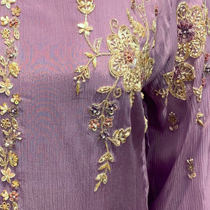 Mauve Chinon Suit with Cutdana, Sequins, Pearl and Dabka Embroidery 3