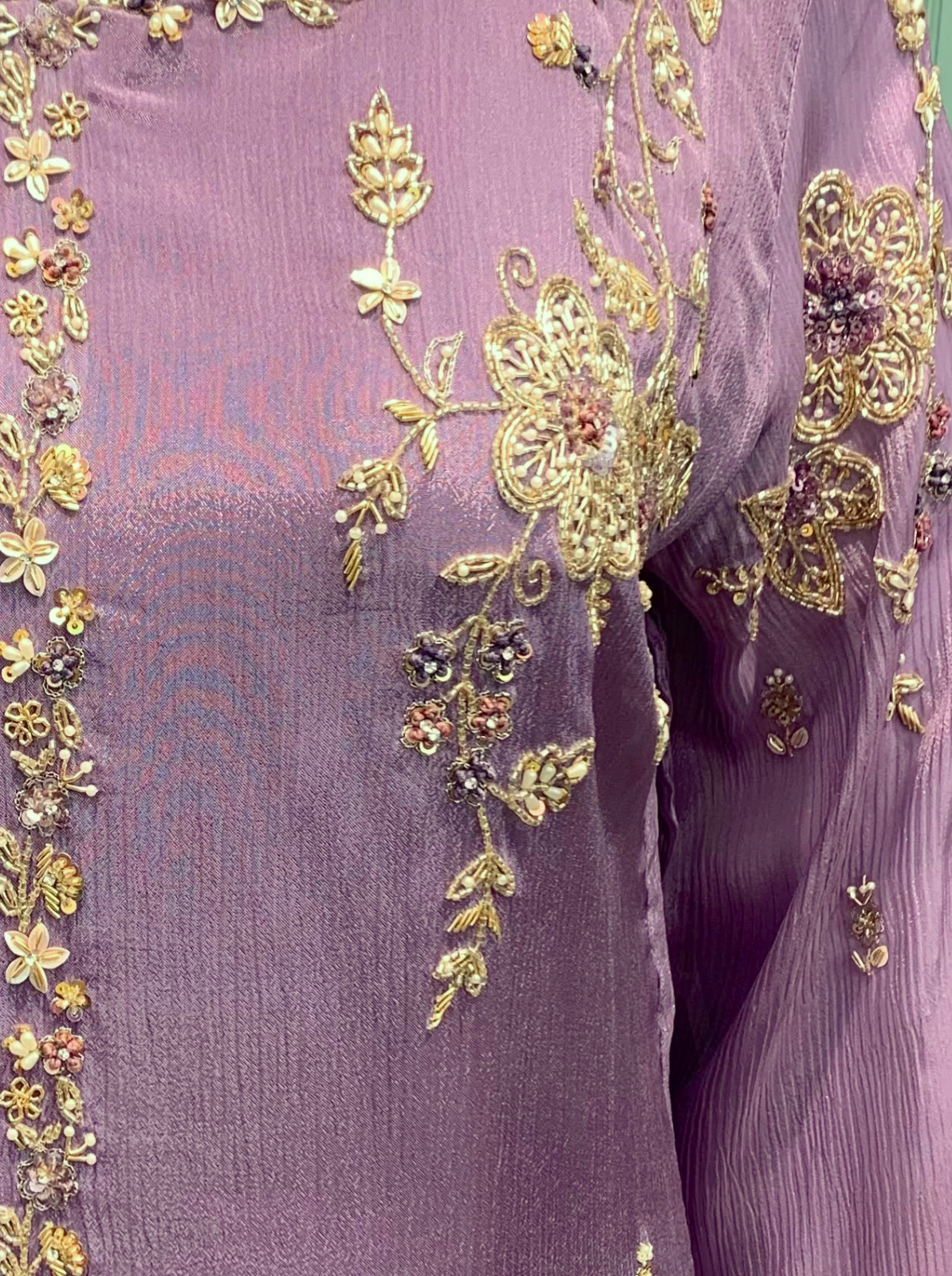 Mauve Chinon Suit with Cutdana, Sequins, Pearl and Dabka Embroidery 3