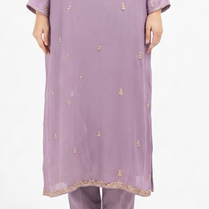 Mauve Chinon Suit with Cutdana, Sequins, Pearl and Dabka Embroidery 4