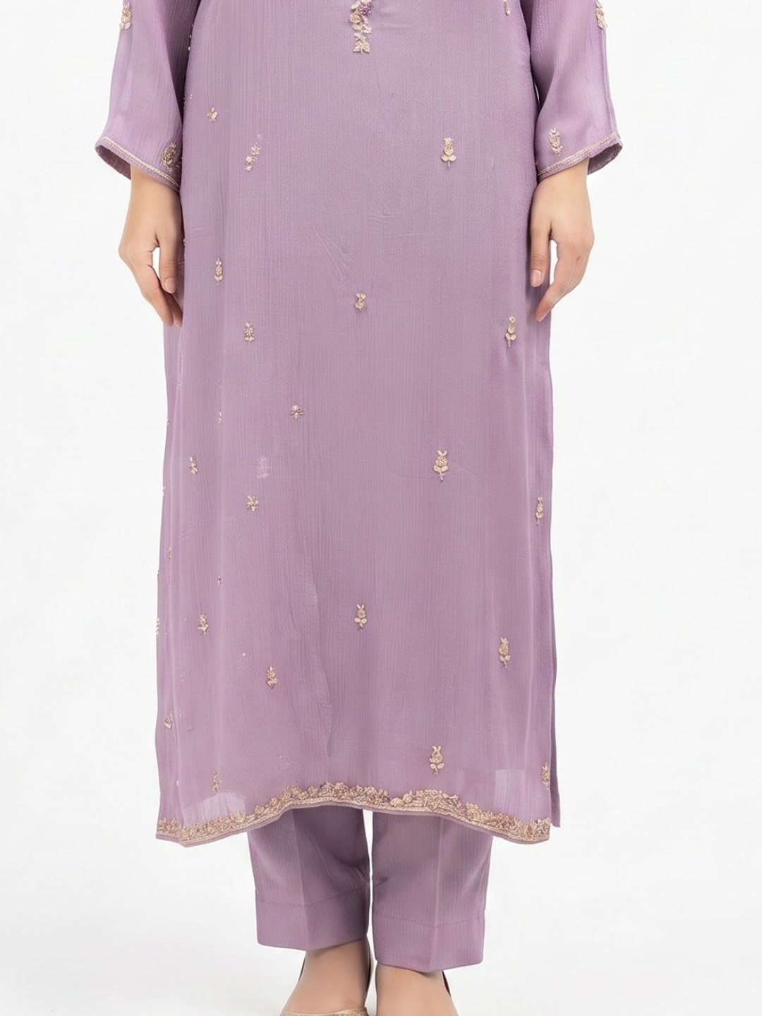 Mauve Chinon Suit with Cutdana, Sequins, Pearl and Dabka Embroidery 4