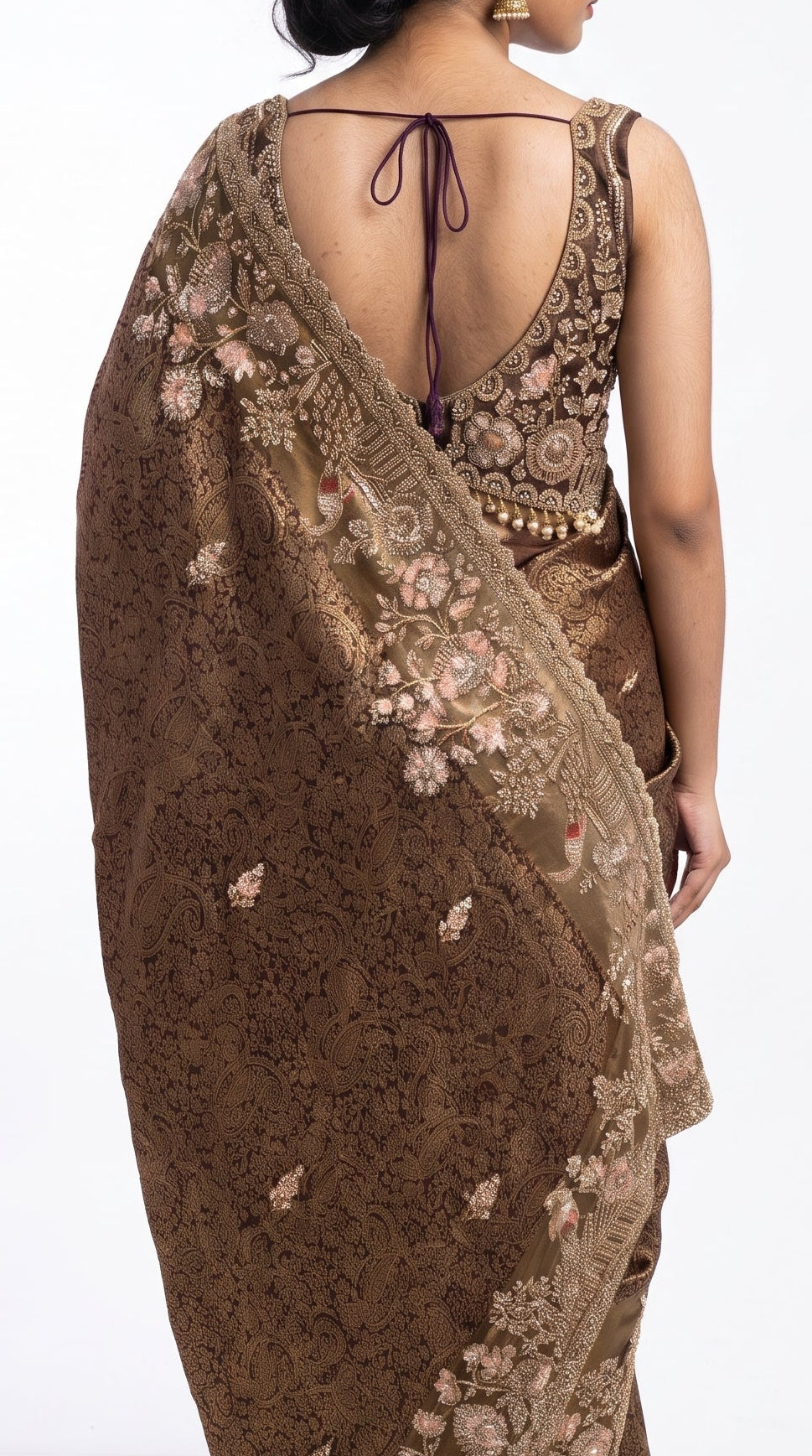 Wine Tissue Saree Embellished With Cut Dana, Sequins & Moti Work