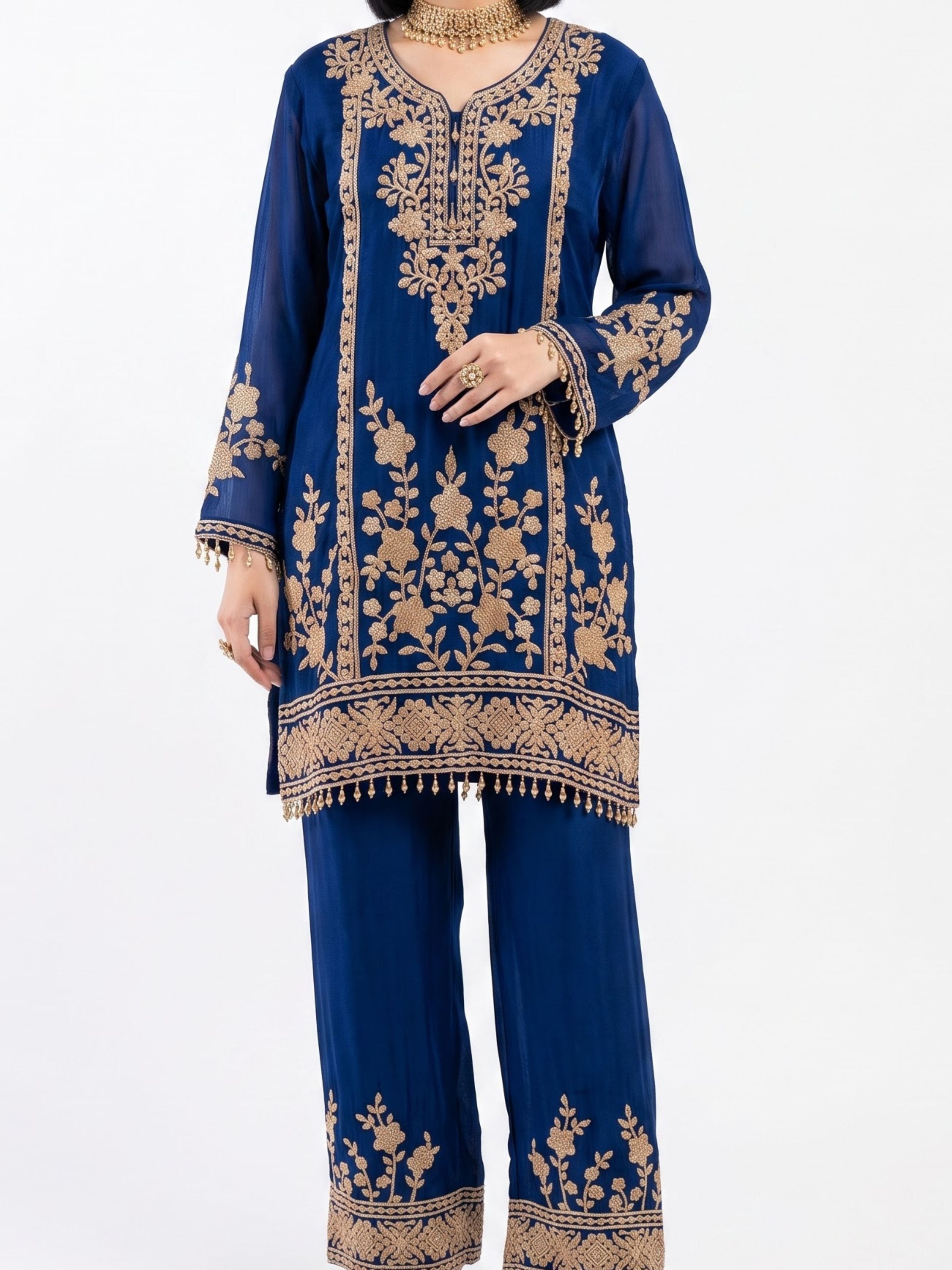 Blue Chinon Indo Western with Cutdana Embroidery 1