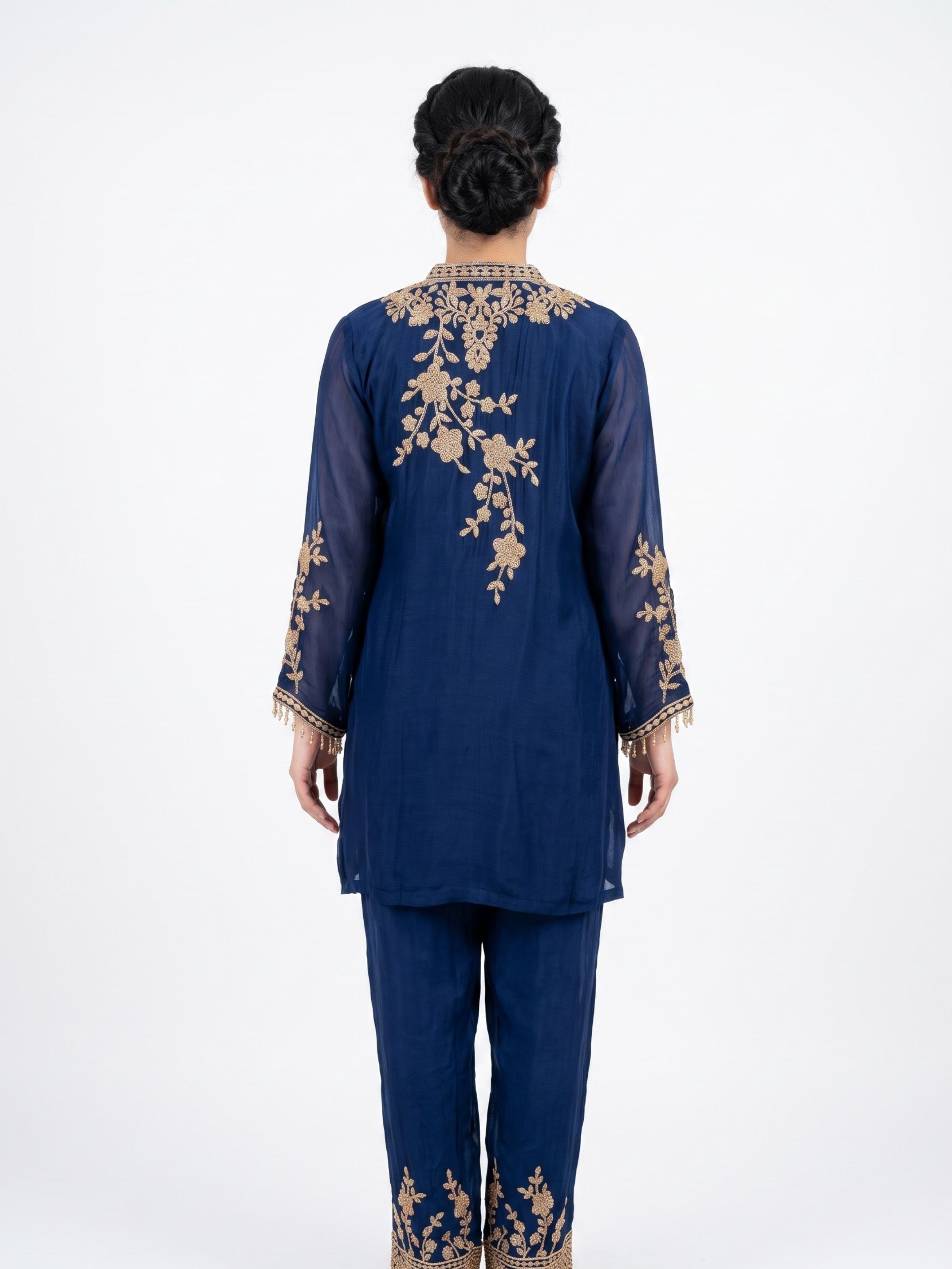 Blue Chinon Indo Western with Cutdana Embroidery 2