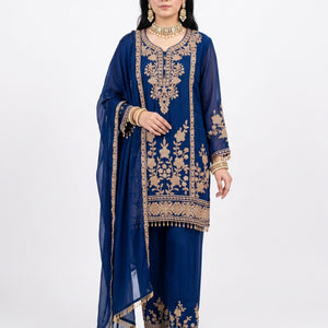 Blue Chinon Indo Western with Cutdana Embroidery 3