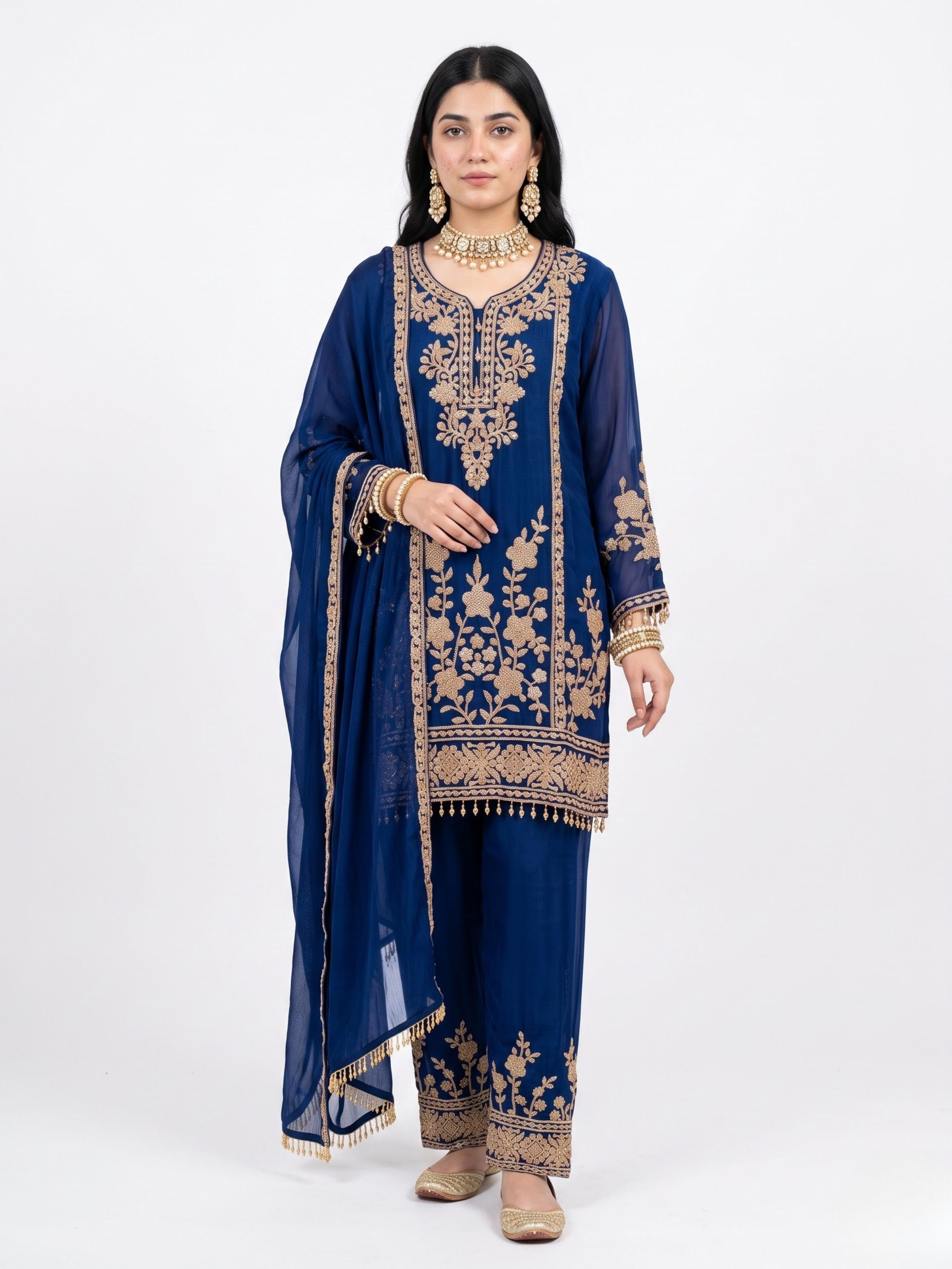 Blue Chinon Indo Western with Cutdana Embroidery 3