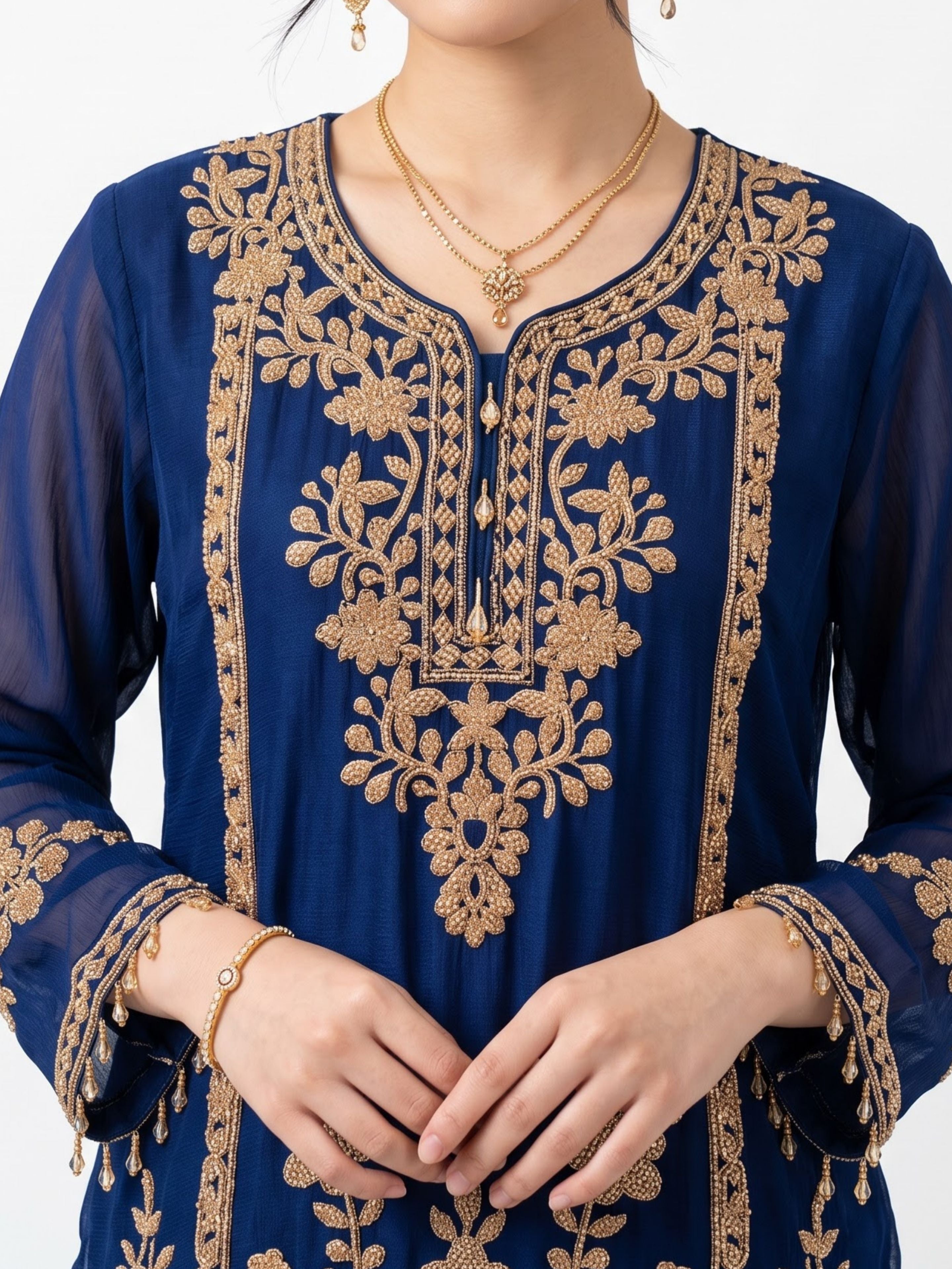 Blue Chinon Indo Western with Cutdana Embroidery 4
