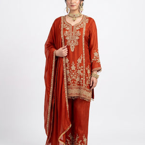 Rust Chinon Indo Western with Cutdana Embroidery 1