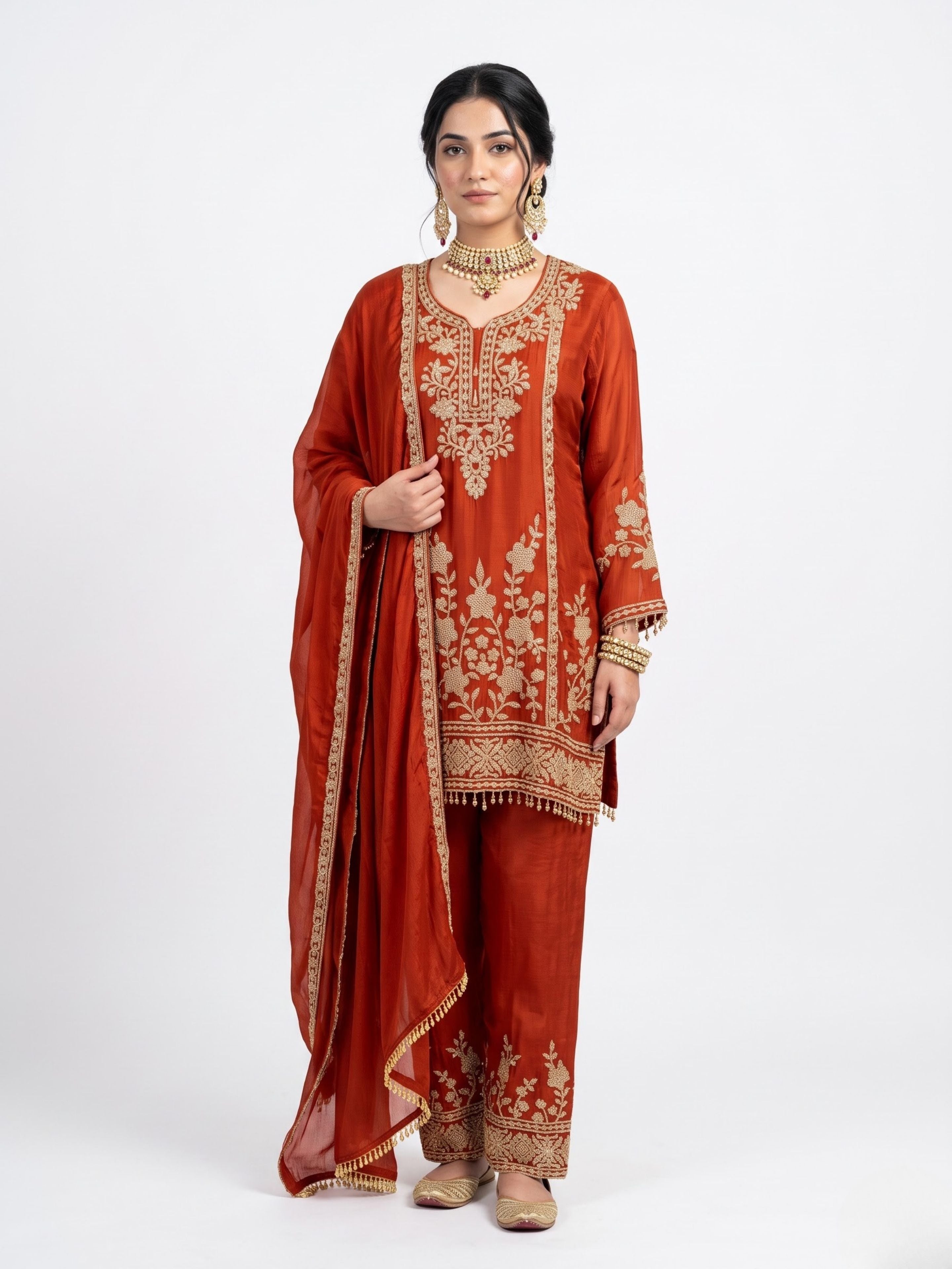 Rust Chinon Indo Western with Cutdana Embroidery 1