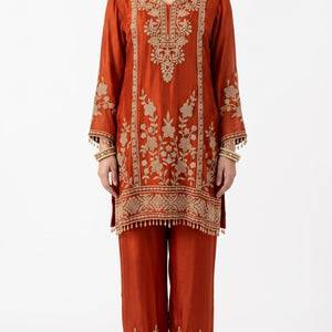 Rust Chinon Indo Western with Cutdana Embroidery 2