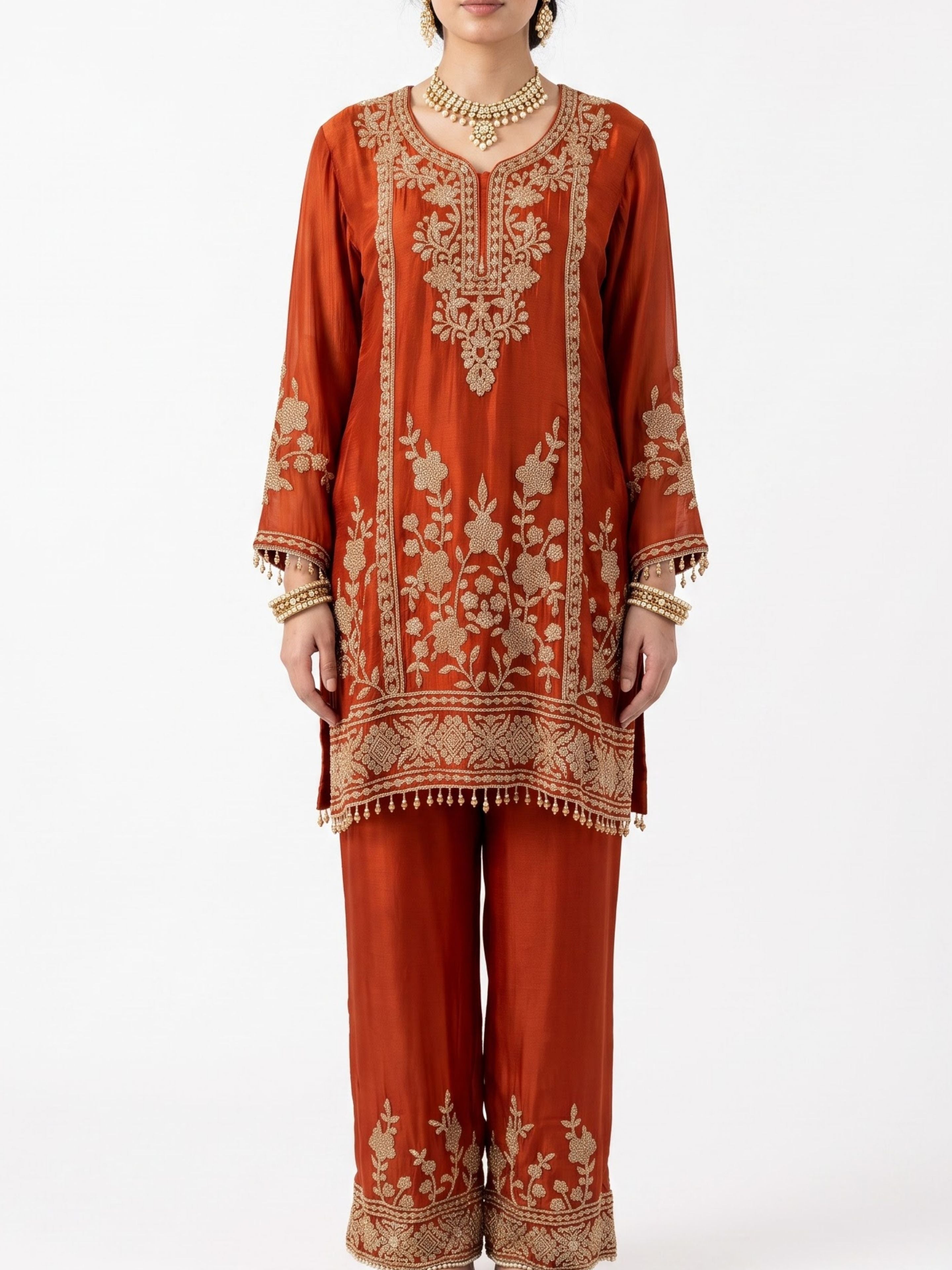Rust Chinon Indo Western with Cutdana Embroidery 2