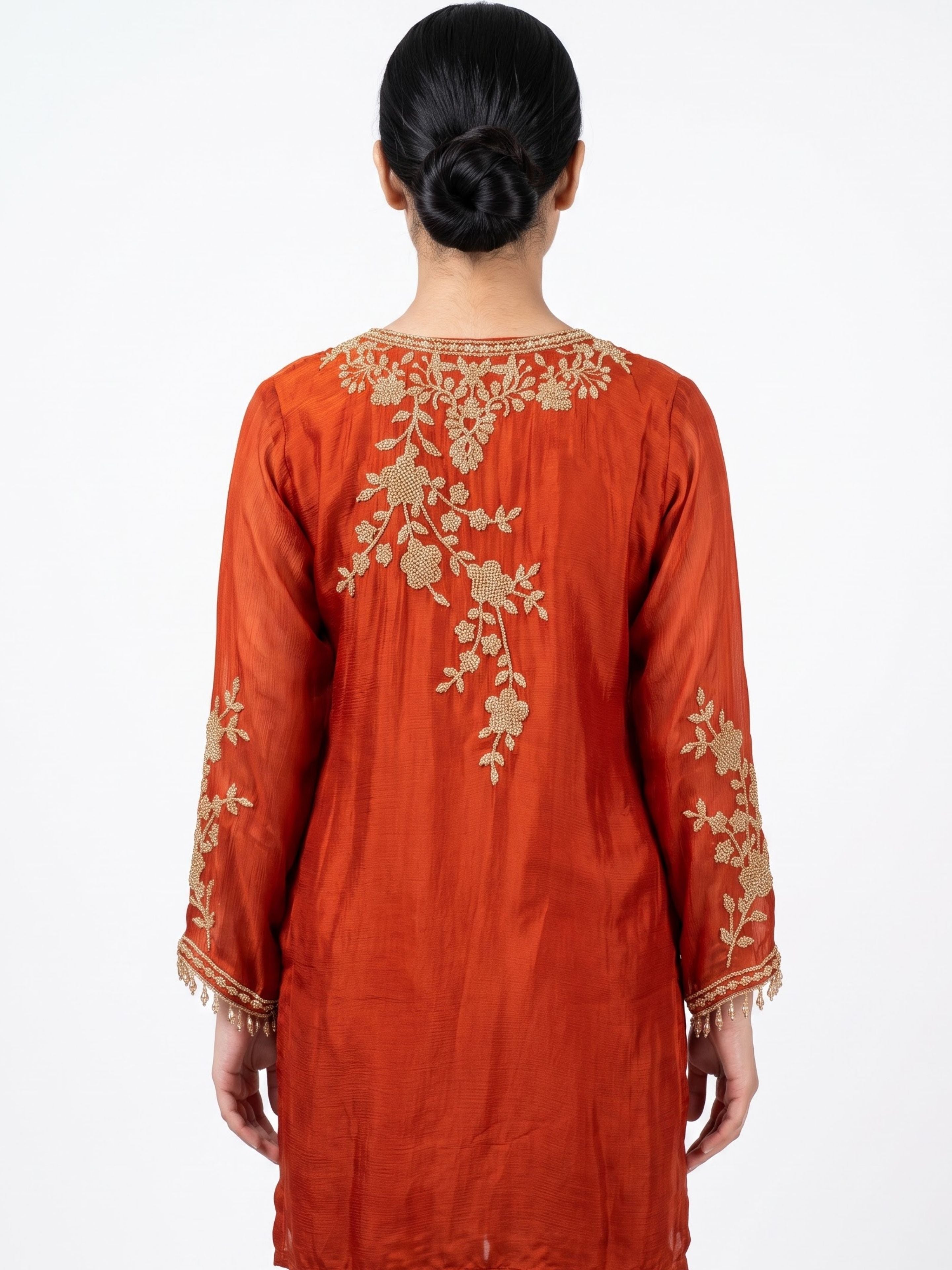 Rust Chinon Indo Western with Cutdana Embroidery 3