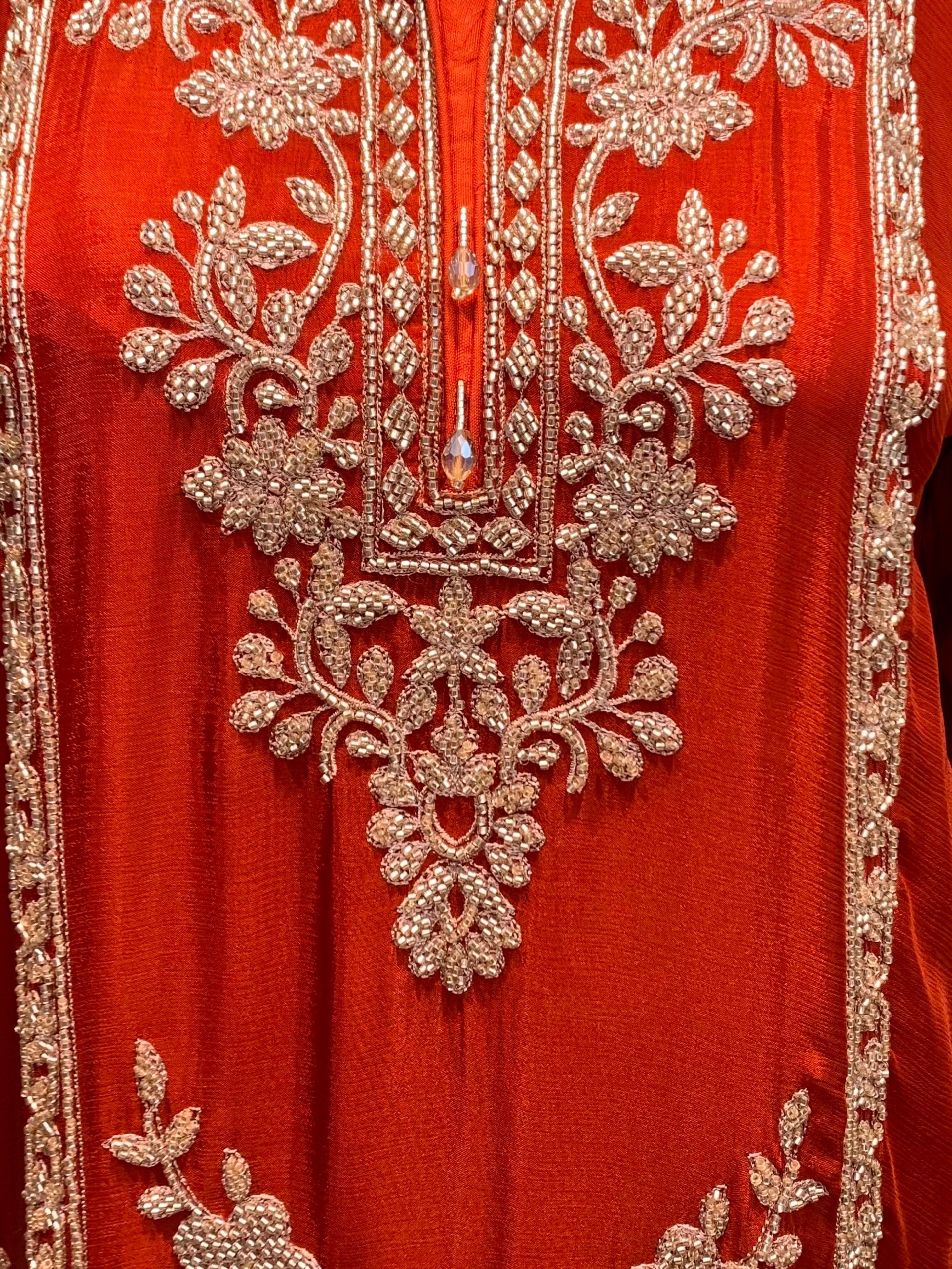 Rust Chinon Indo Western with Cutdana Embroidery 5