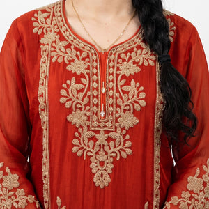Rust Chinon Indo Western with Cutdana Embroidery 6