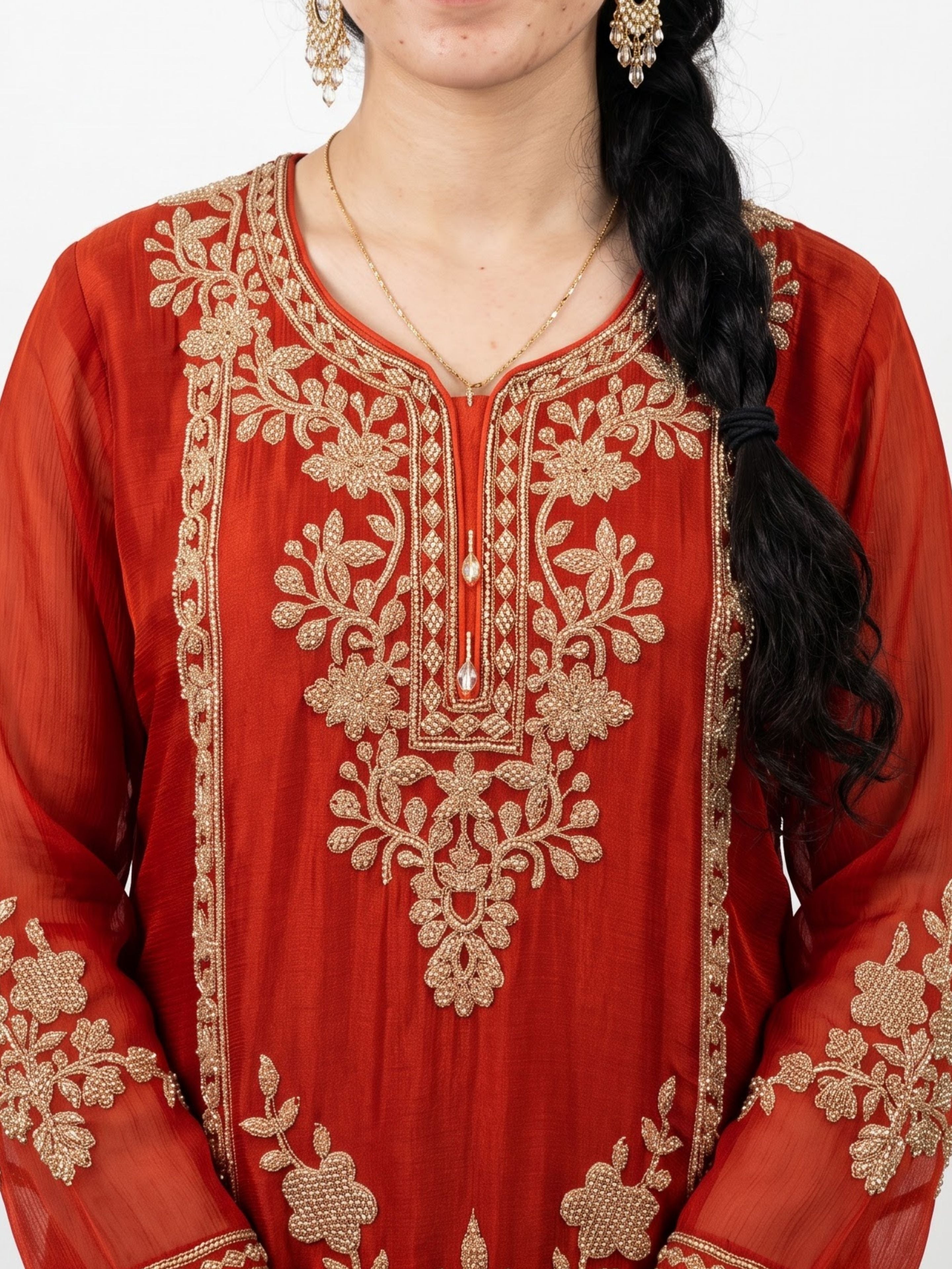 Rust Chinon Indo Western with Cutdana Embroidery 6