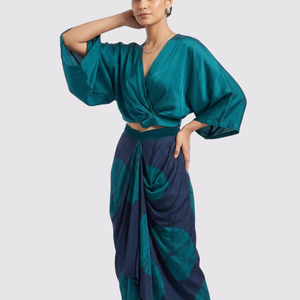 Peacock Blue Satin Top And Dhoti with Printed Embroidery 1