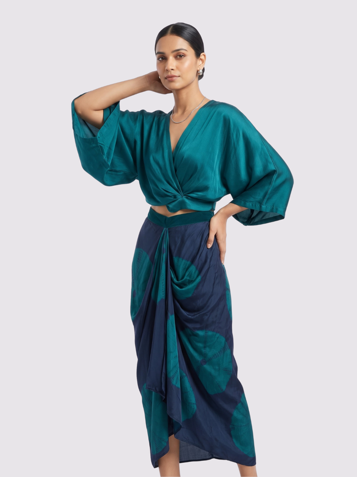 Peacock Blue Satin Top And Dhoti with Printed Embroidery 1